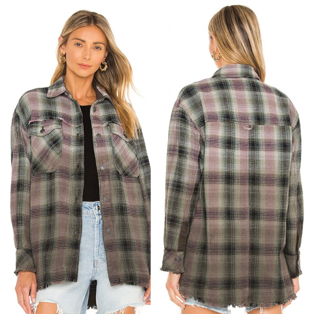 Free People Anneli Plaid Shirt Jacket Green Purple | Spanish Olive - Size XS